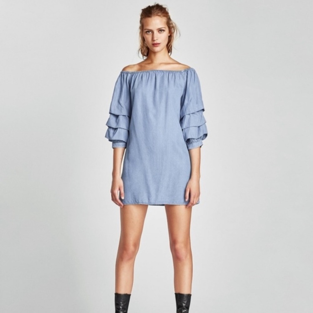 Zara Woman Chambray Off the Shoulder Ruffle Sleeve